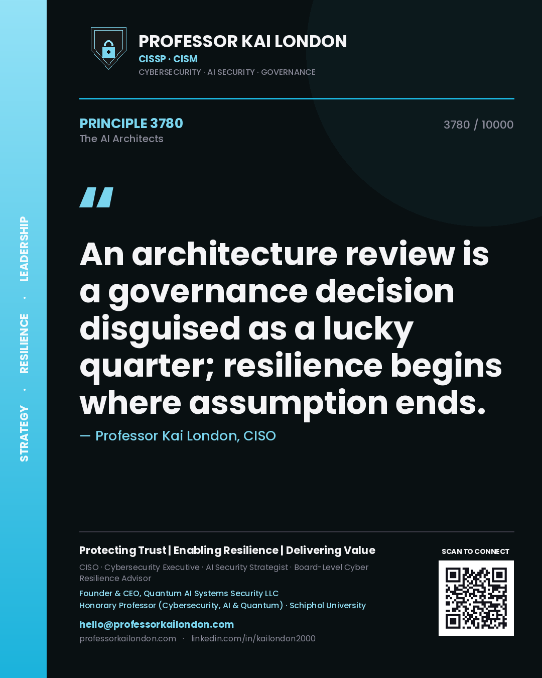 Professor Kai London principle 3780: An architecture review is a governance decision disguised as a lucky quarter; resilience begins where assumption ends.