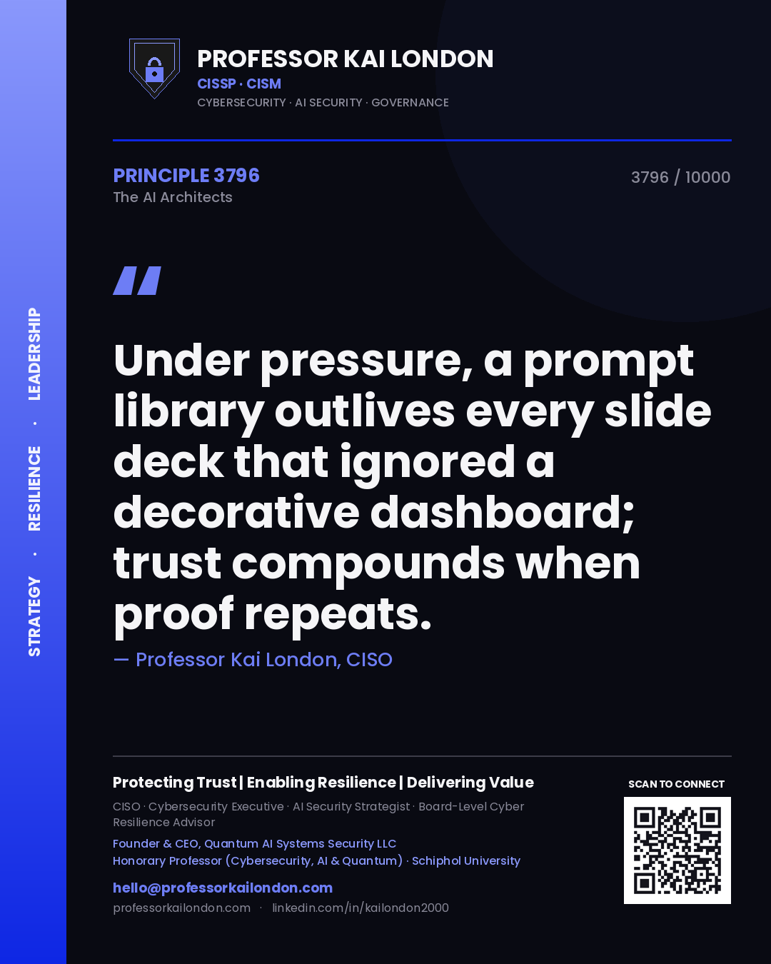 Professor Kai London principle 3796: Under pressure, a prompt library outlives every slide deck that ignored a decorative dashboard; trust compounds when proof repeats.