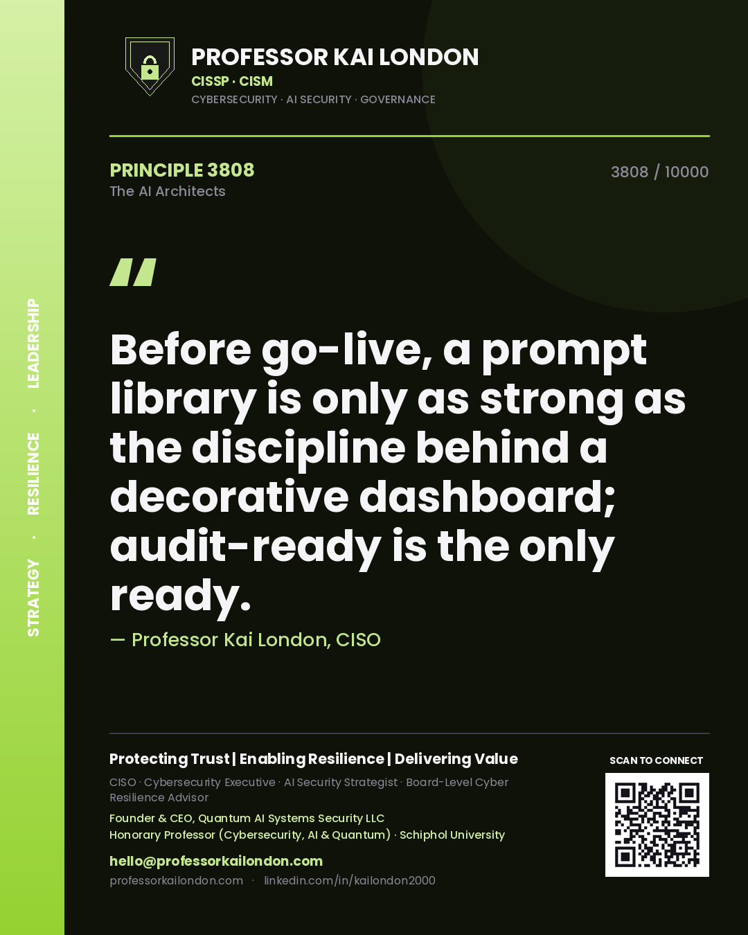 Quote card by Professor Kai London reading 'Before go-live, a prompt library is only as strong as the discipline behind a decorative dashboard; audit-ready is the only ready.'. From the book The AI Architects.