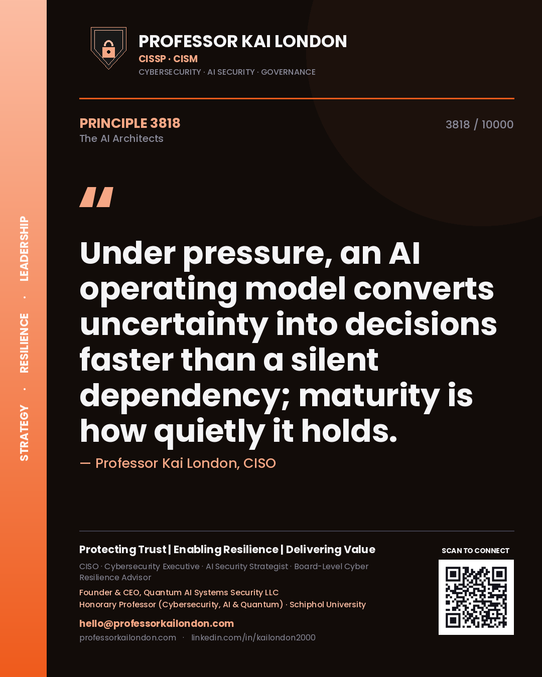 Quote card by Professor Kai London reading 'Under pressure, an AI operating model converts uncertainty into decisions faster than a silent dependency; maturity is how quietly it holds.'. From the book The AI Architects.