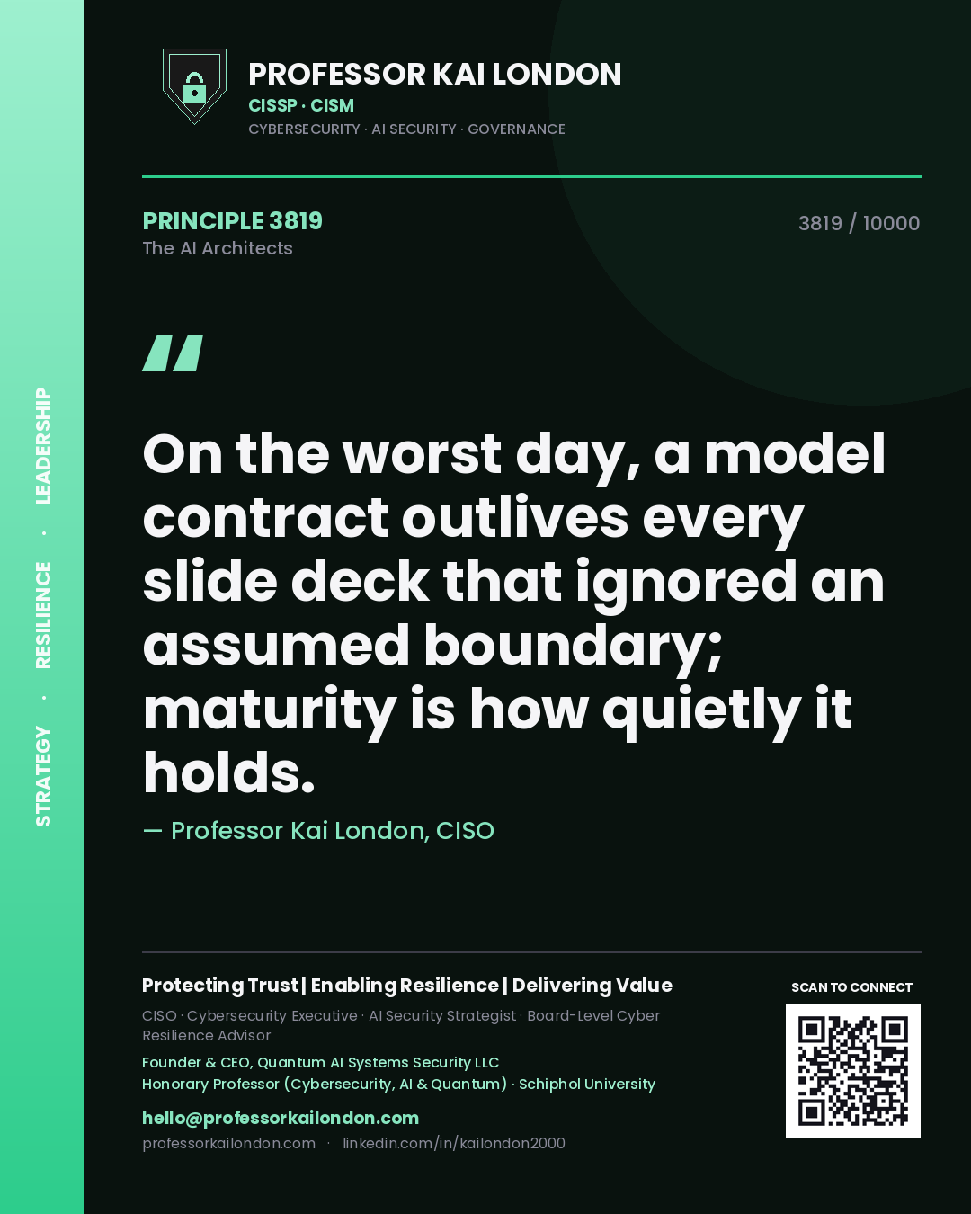 Quote card by Professor Kai London reading 'On the worst day, a model contract outlives every slide deck that ignored an assumed boundary; maturity is how quietly it holds.'. From the book The AI Architects.