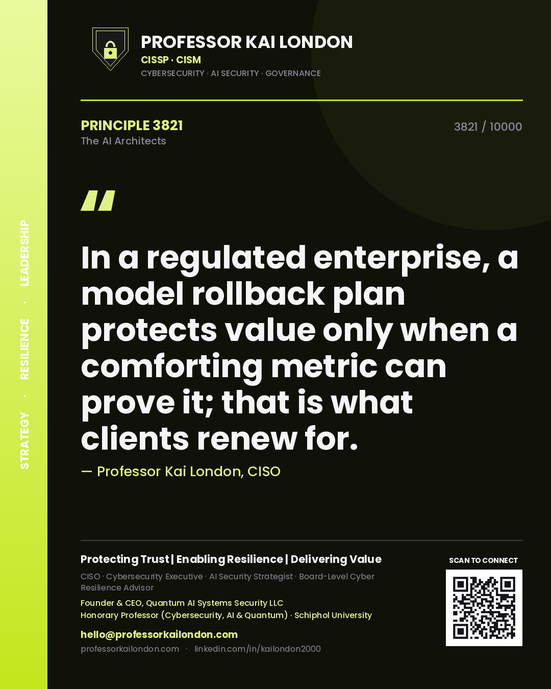 Quote card by Professor Kai London reading 'In a regulated enterprise, a model rollback plan protects value only when a comforting metric can prove it; that is what clients renew for.'. From the book The AI Architects.