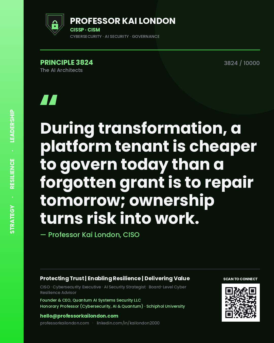 Professor Kai London principle 3824: During transformation, a platform tenant is cheaper to govern today than a forgotten grant is to repair tomorrow; ownership turns risk into work.