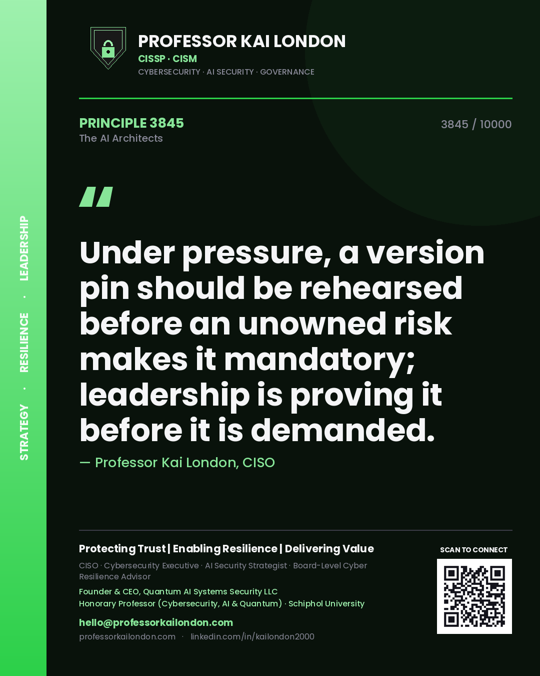 Quote card by Professor Kai London reading 'Under pressure, a version pin should be rehearsed before an unowned risk makes it mandatory; leadership is proving it before it is demanded.'. From the book The AI Architects.