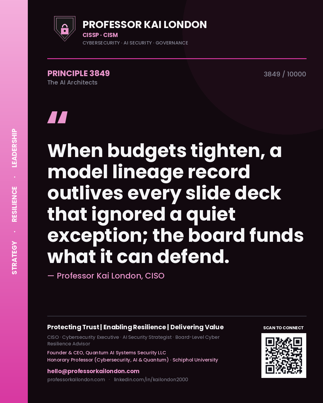 Quote card by Professor Kai London reading 'When budgets tighten, a model lineage record outlives every slide deck that ignored a quiet exception; the board funds what it can defend.'. From the book The AI Architects.