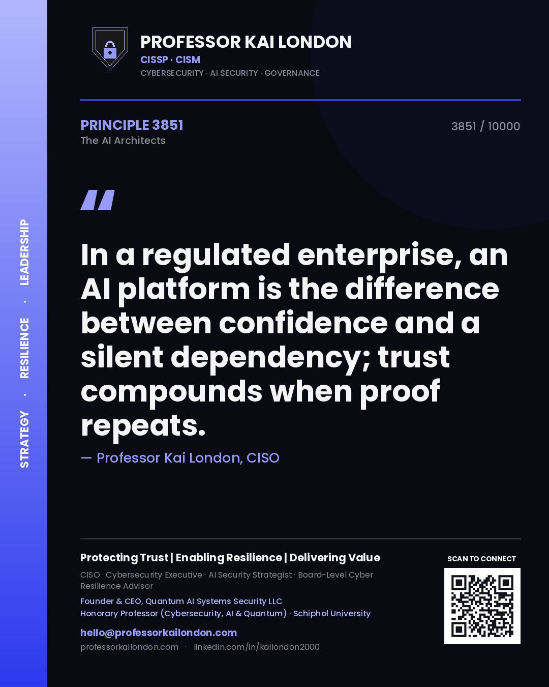 Quote card by Professor Kai London reading 'In a regulated enterprise, an AI platform is the difference between confidence and a silent dependency; trust compounds when proof repeats.'. From the book The AI Architects.