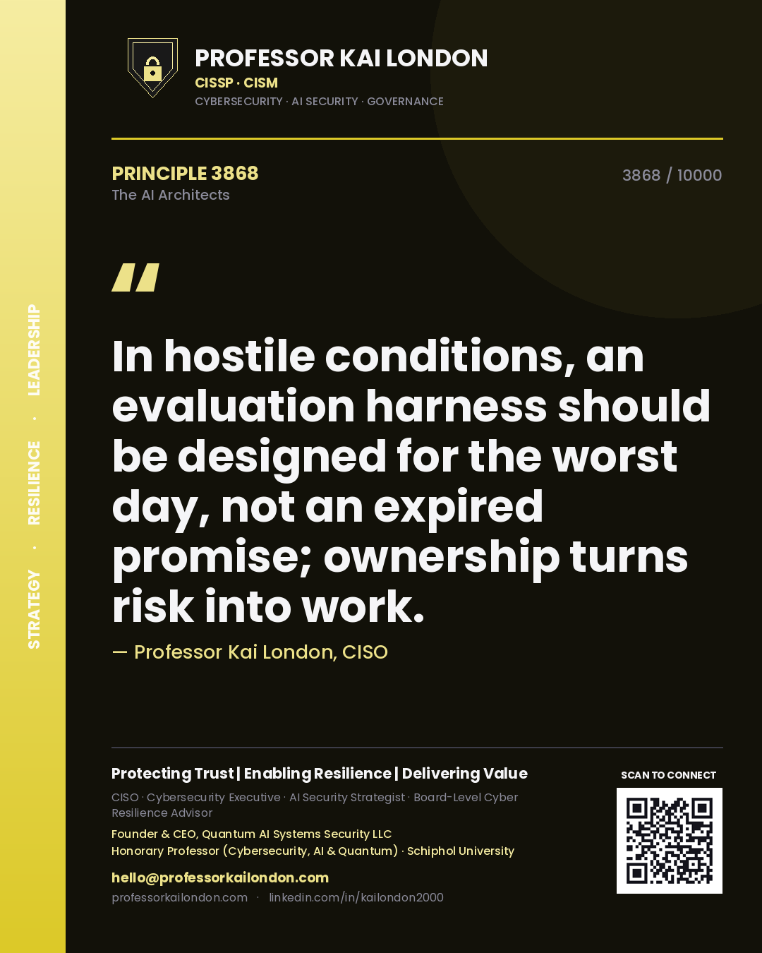 Professor Kai London principle 3868: In hostile conditions, an evaluation harness should be designed for the worst day, not an expired promise; ownership turns risk into work.