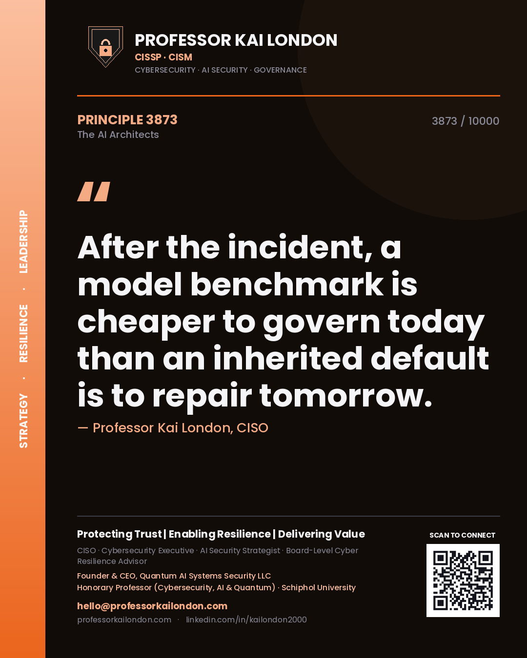 Quote card by Professor Kai London reading 'After the incident, a model benchmark is cheaper to govern today than an inherited default is to repair tomorrow.'. From the book The AI Architects.