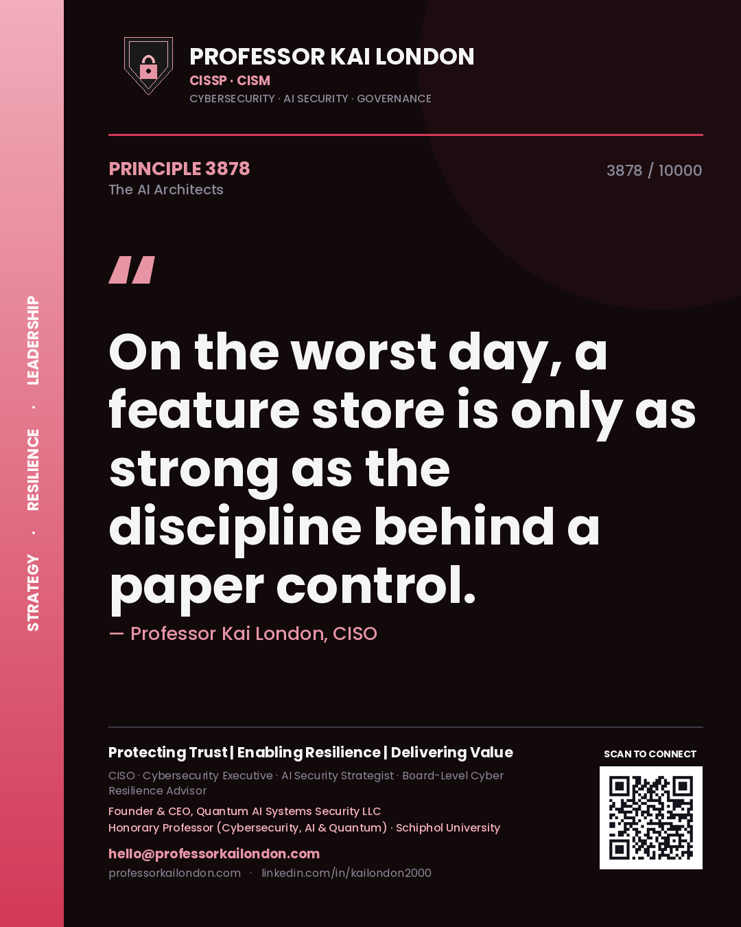 Quote card by Professor Kai London reading 'On the worst day, a feature store is only as strong as the discipline behind a paper control.'. From the book The AI Architects.