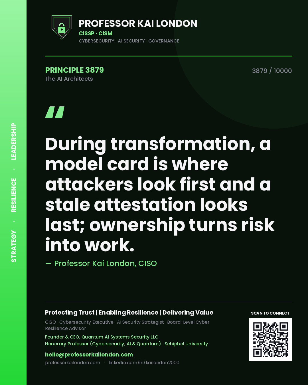 Professor Kai London principle 3879: During transformation, a model card is where attackers look first and a stale attestation looks last; ownership turns risk into work.