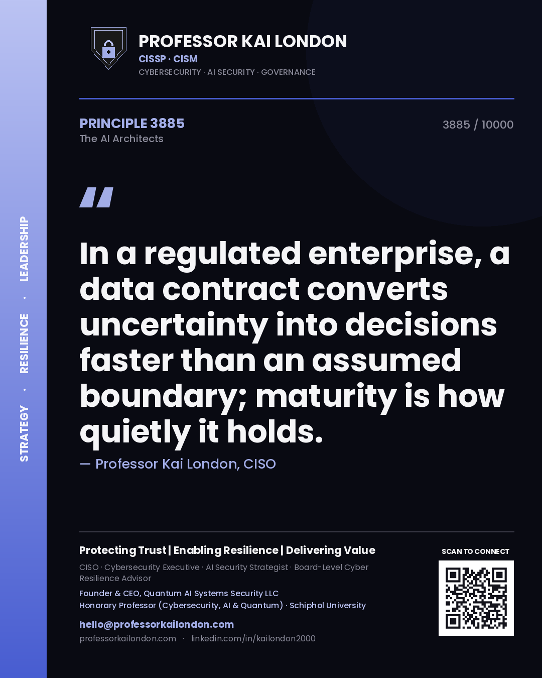 Quote card by Professor Kai London reading 'In a regulated enterprise, a data contract converts uncertainty into decisions faster than an assumed boundary; maturity is how quietly it holds.'. From the book The AI Architects.