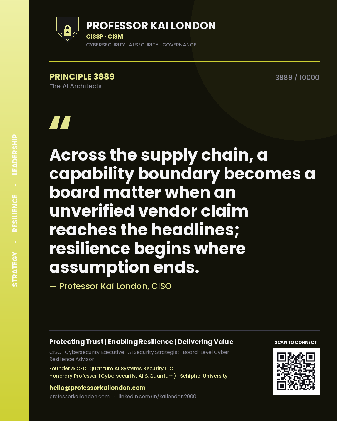 Quote card by Professor Kai London reading 'Across the supply chain, a capability boundary becomes a board matter when an unverified vendor claim reaches the headlines; resilience begins where assumption ends.'. From the book The AI Architects.