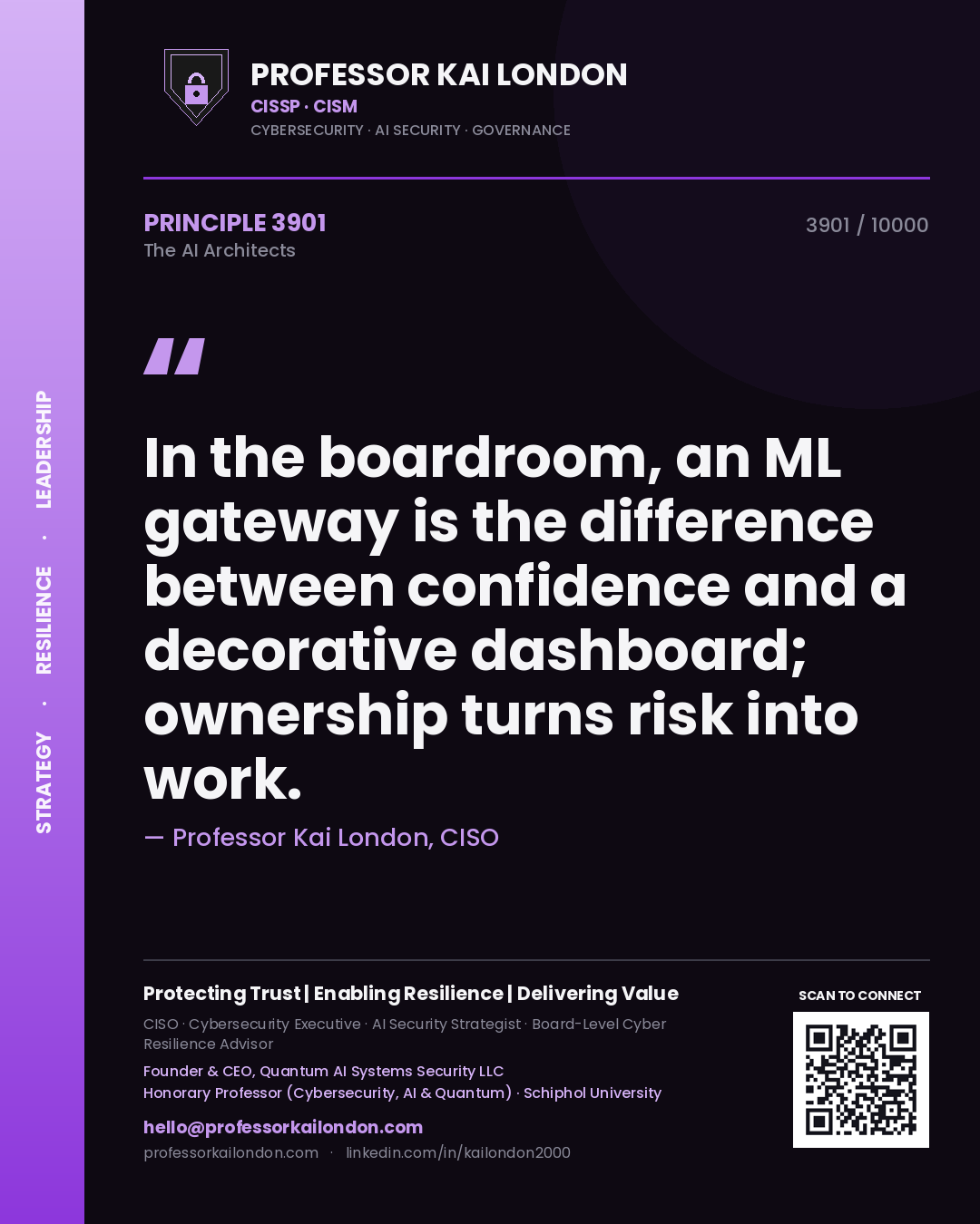 Quote card by Professor Kai London reading 'In the boardroom, an ML gateway is the difference between confidence and a decorative dashboard; ownership turns risk into work.'. From the book The AI Architects.