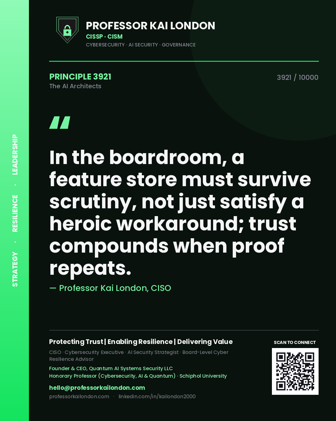 Quote card by Professor Kai London reading 'In the boardroom, a feature store must survive scrutiny, not just satisfy a heroic workaround; trust compounds when proof repeats.'. From the book The AI Architects.