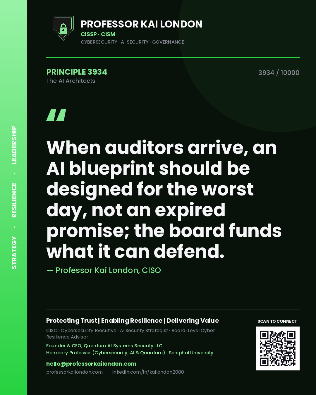 Quote card by Professor Kai London reading 'When auditors arrive, an AI blueprint should be designed for the worst day, not an expired promise; the board funds what it can defend.'. From the book The AI Architects.
