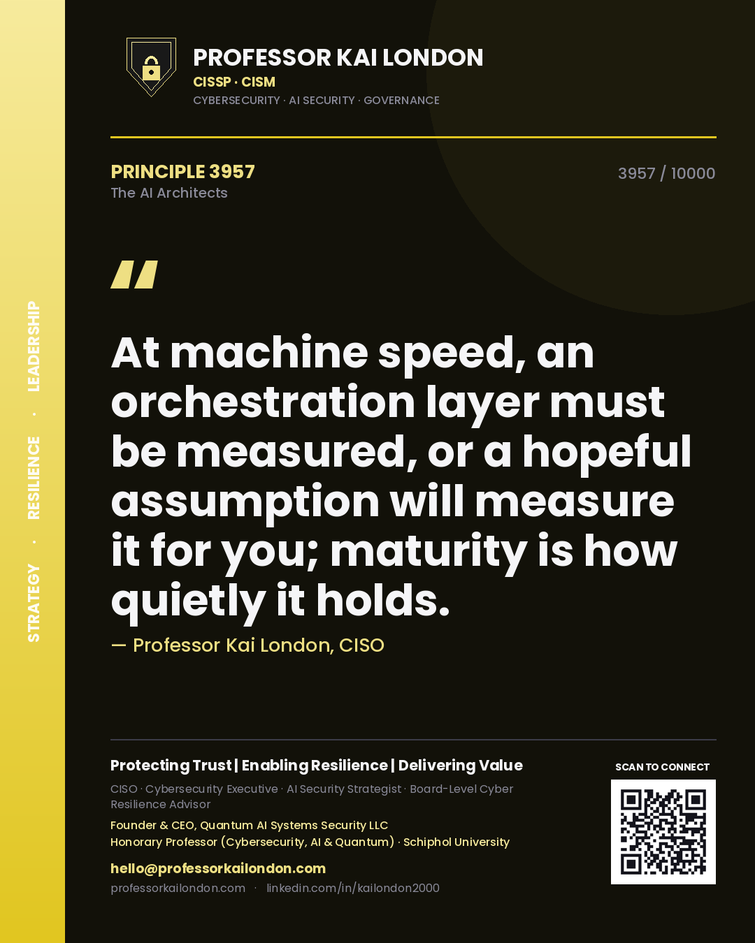Quote card by Professor Kai London reading 'At machine speed, an orchestration layer must be measured, or a hopeful assumption will measure it for you; maturity is how quietly it holds.'. From the book The AI Architects.