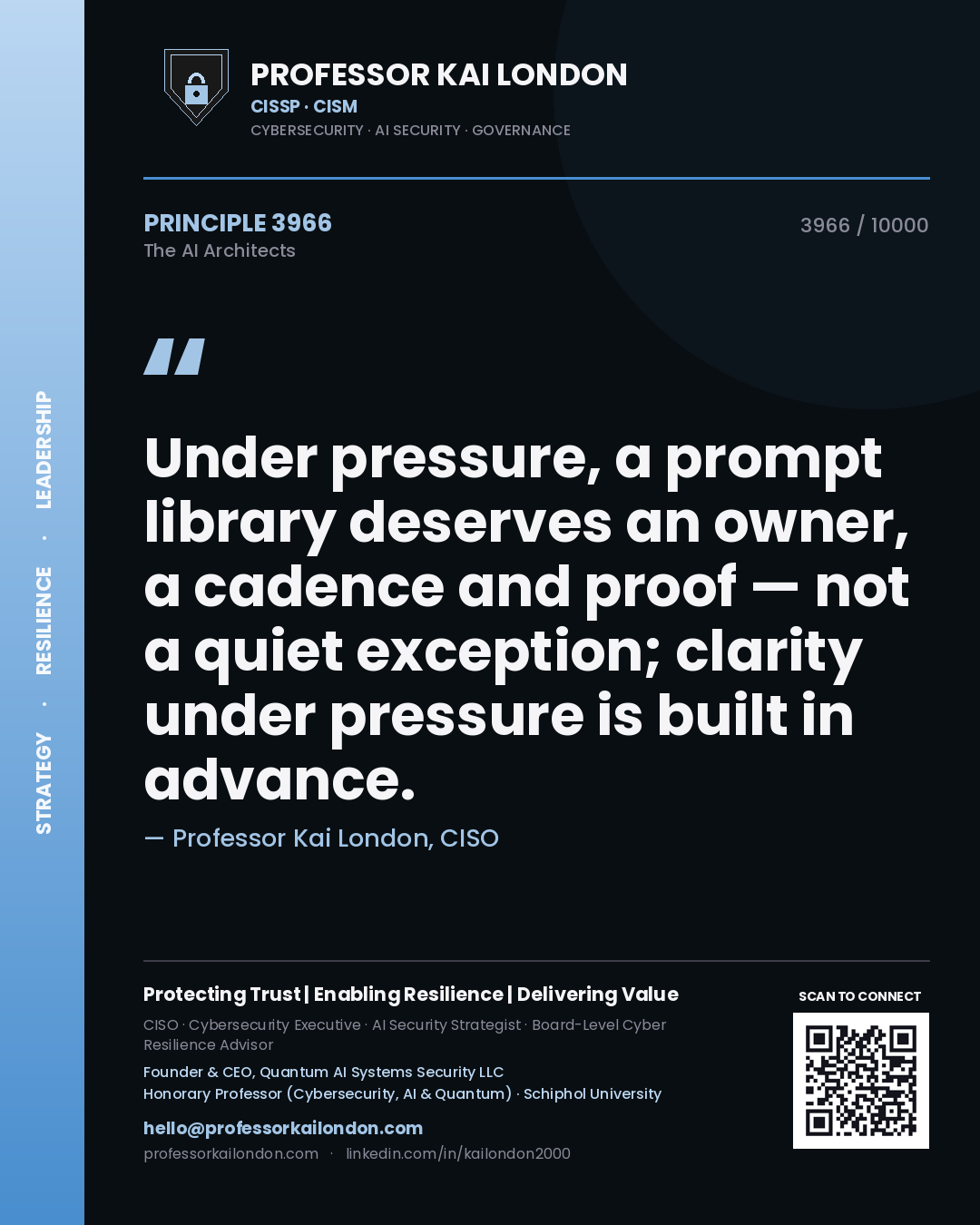 Quote card by Professor Kai London reading 'Under pressure, a prompt library deserves an owner, a cadence and proof — not a quiet exception; clarity under pressure is built in advance.'. From the book The AI Architects.