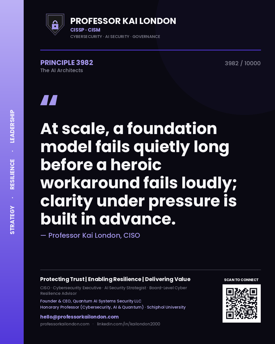 Quote card by Professor Kai London reading 'At scale, a foundation model fails quietly long before a heroic workaround fails loudly; clarity under pressure is built in advance.'. From the book The AI Architects.
