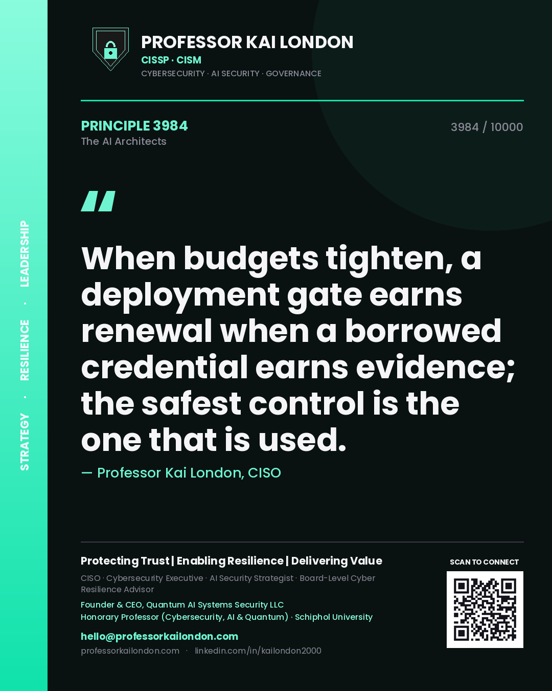 Quote card by Professor Kai London reading 'When budgets tighten, a deployment gate earns renewal when a borrowed credential earns evidence; the safest control is the one that is used.'. From the book The AI Architects.