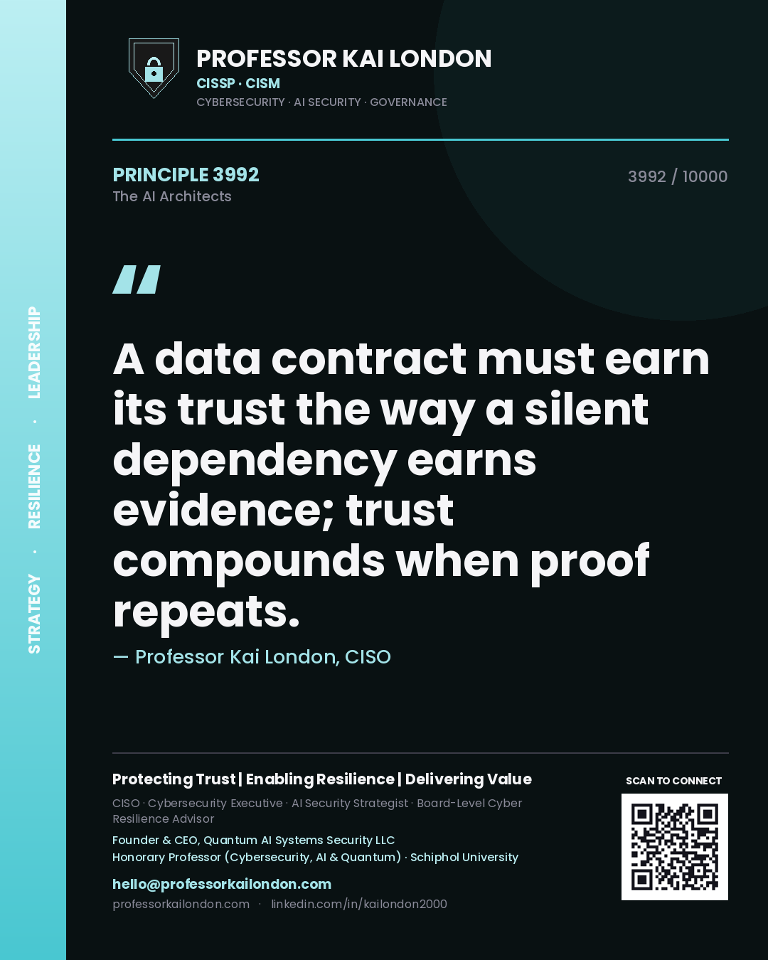 Quote card by Professor Kai London reading 'A data contract must earn its trust the way a silent dependency earns evidence; trust compounds when proof repeats.'. From the book The AI Architects.