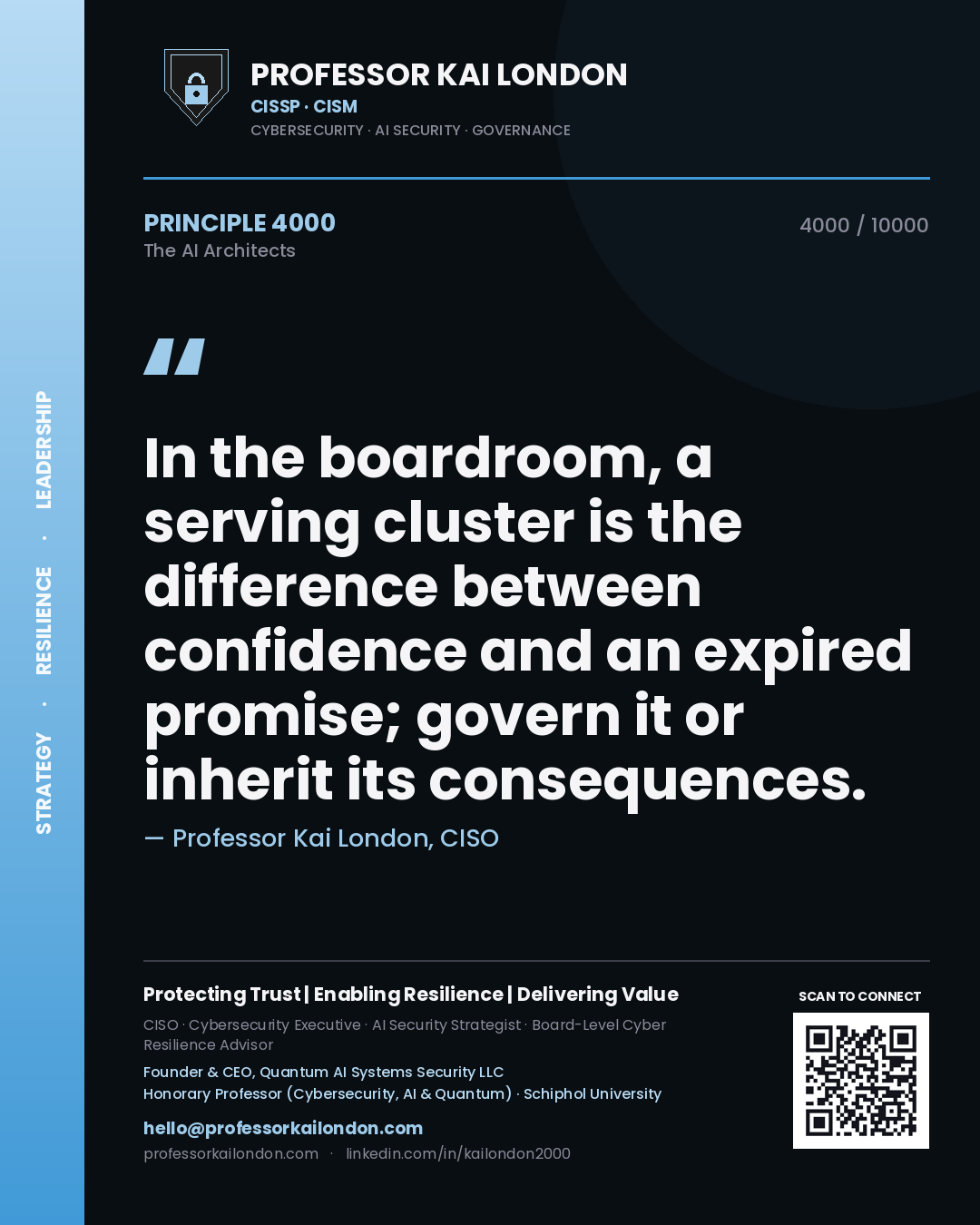 Quote card by Professor Kai London reading 'In the boardroom, a serving cluster is the difference between confidence and an expired promise; govern it or inherit its consequences.'. From the book The AI Architects.