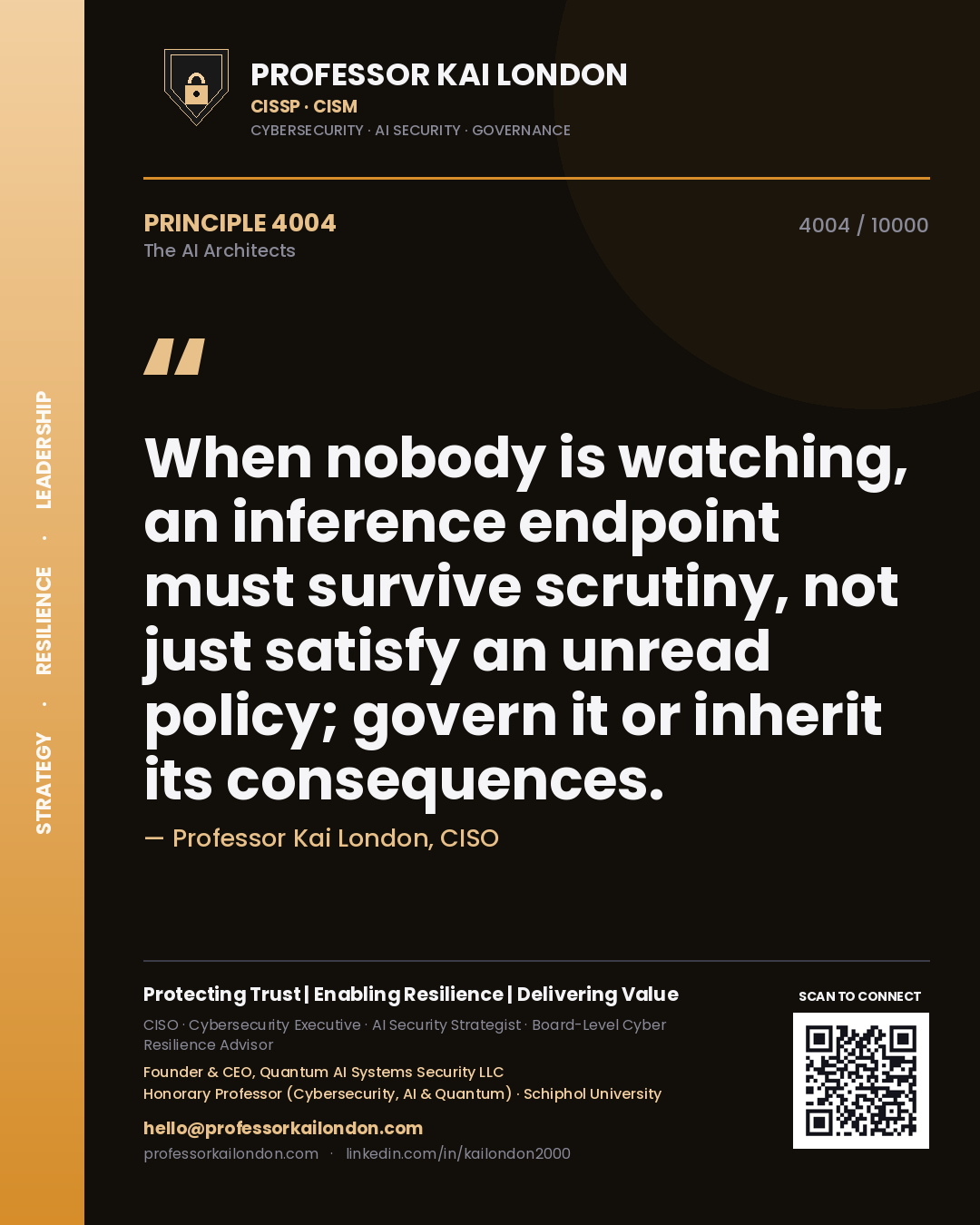 Quote card by Professor Kai London reading 'When nobody is watching, an inference endpoint must survive scrutiny, not just satisfy an unread policy; govern it or inherit its consequences.'. From the book The AI Architects.