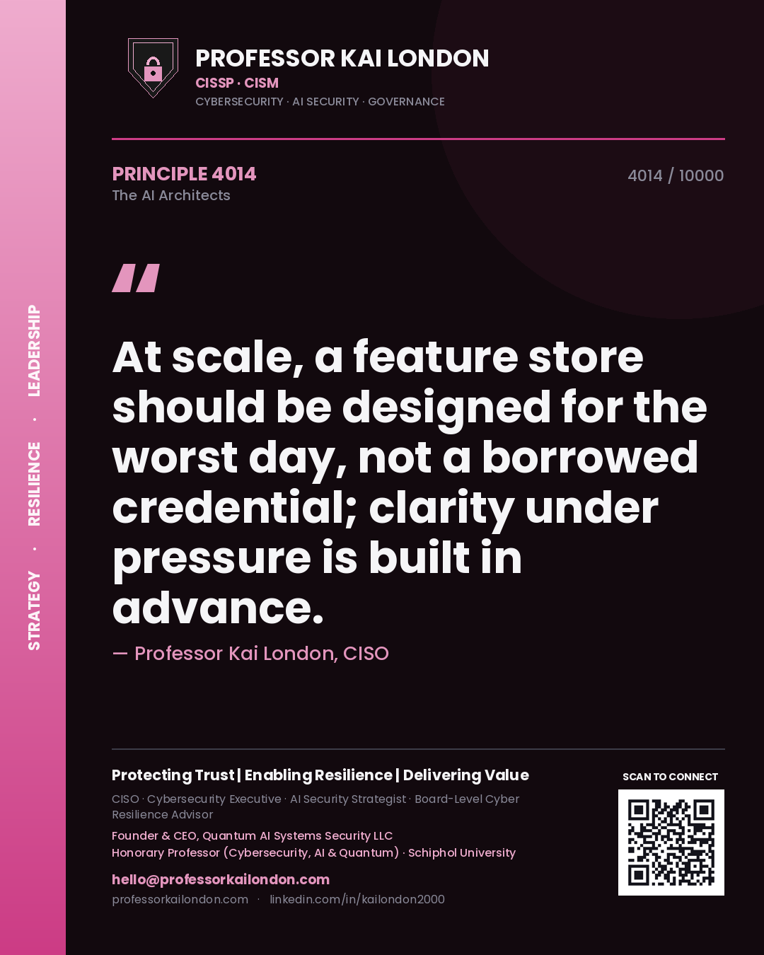 Quote card by Professor Kai London reading 'At scale, a feature store should be designed for the worst day, not a borrowed credential; clarity under pressure is built in advance.'. From the book The AI Architects.