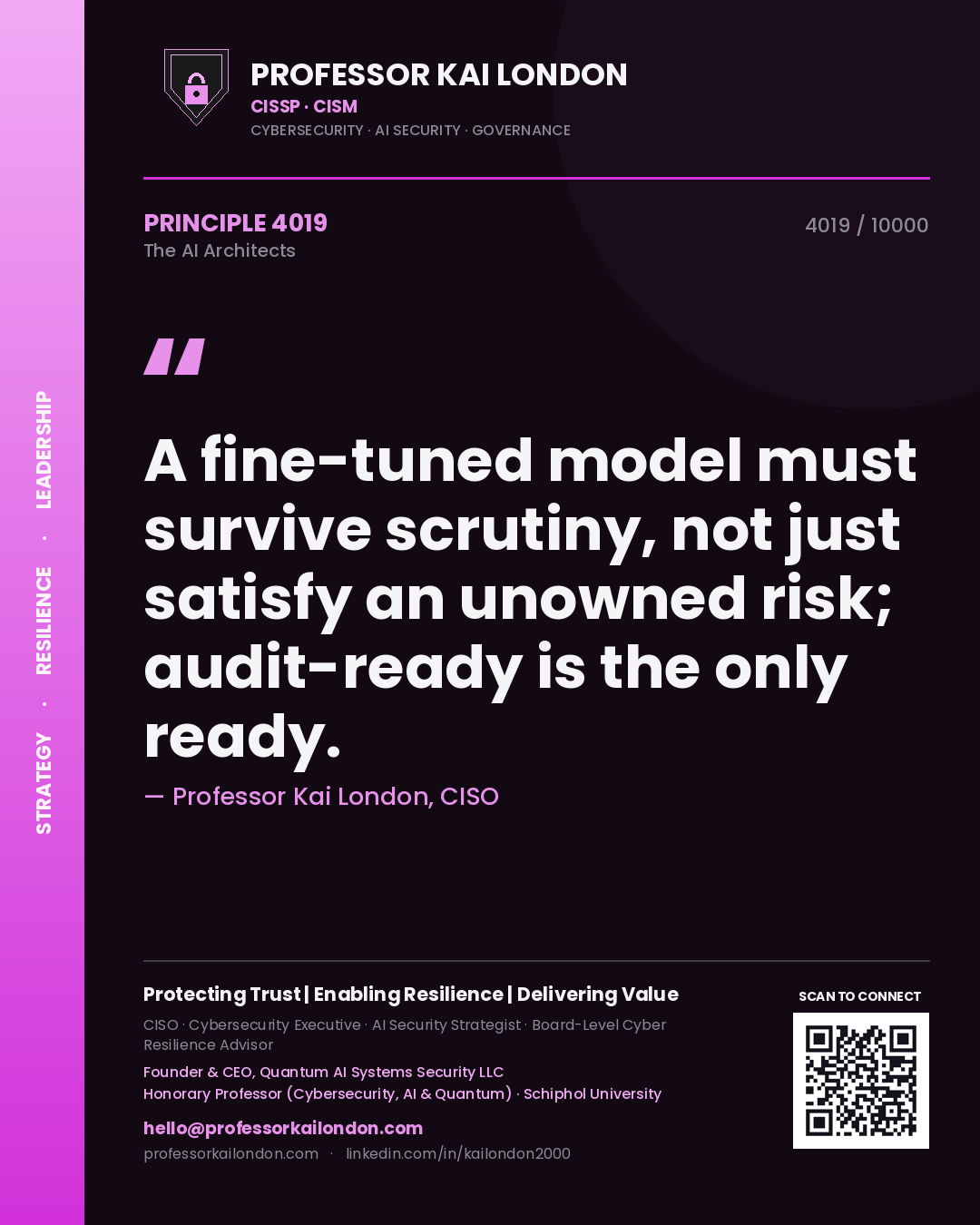 Professor Kai London principle 4019: A fine-tuned model must survive scrutiny, not just satisfy an unowned risk; audit-ready is the only ready.