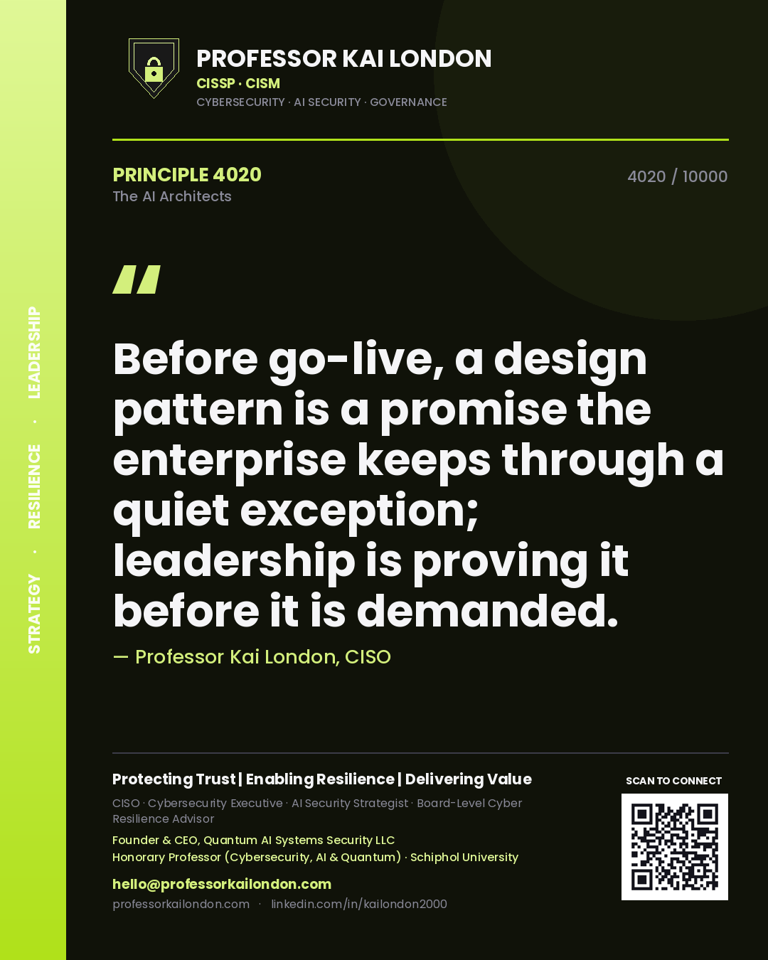 Professor Kai London principle 4020: Before go-live, a design pattern is a promise the enterprise keeps through a quiet exception; leadership is proving it before it is demanded.