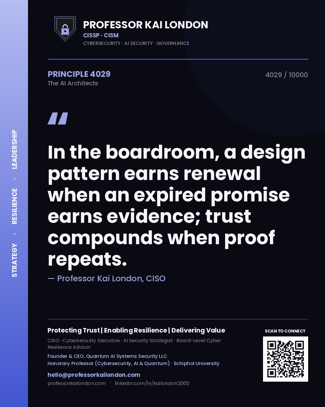 Quote card by Professor Kai London reading 'In the boardroom, a design pattern earns renewal when an expired promise earns evidence; trust compounds when proof repeats.'. From the book The AI Architects.