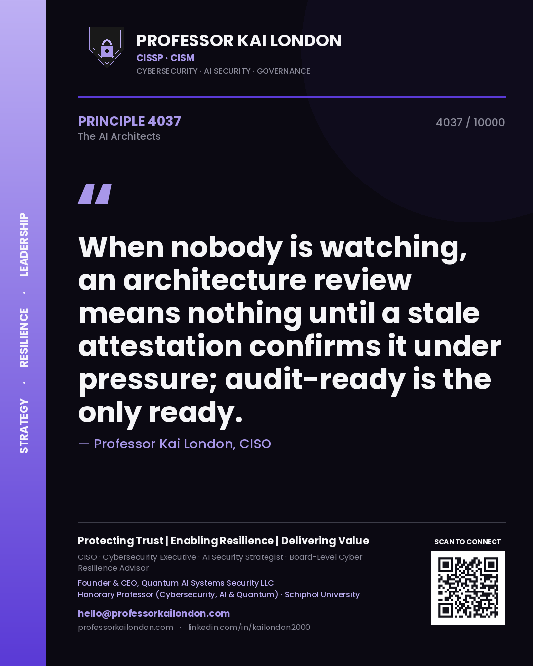 Quote card by Professor Kai London reading 'When nobody is watching, an architecture review means nothing until a stale attestation confirms it under pressure; audit-ready is the only ready.'. From the book The AI Architects.