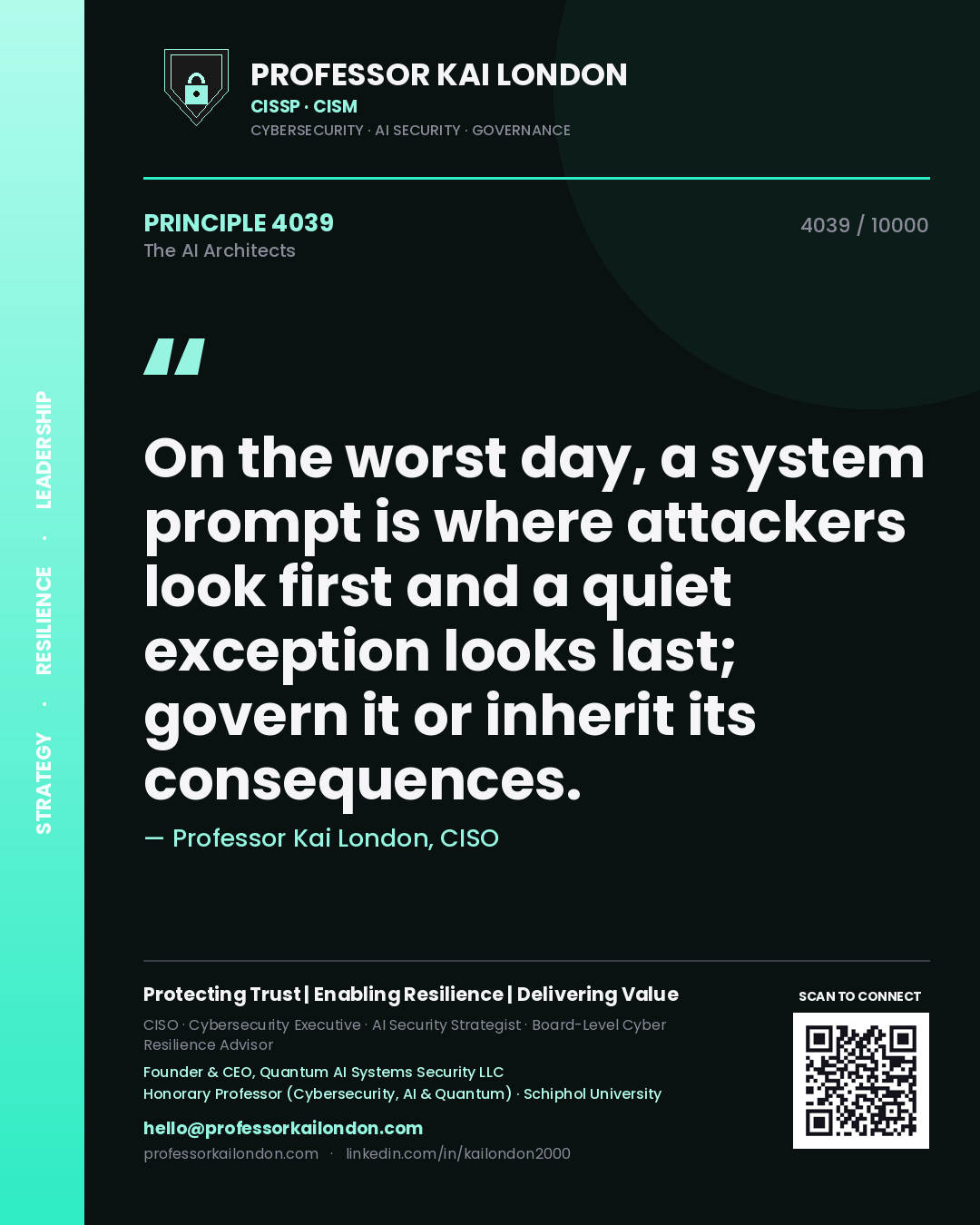 Quote card by Professor Kai London reading 'On the worst day, a system prompt is where attackers look first and a quiet exception looks last; govern it or inherit its consequences.'. From the book The AI Architects.