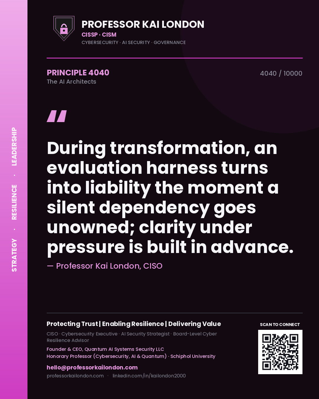 Quote card by Professor Kai London reading 'During transformation, an evaluation harness turns into liability the moment a silent dependency goes unowned; clarity under pressure is built in advance.'. From the book The AI Architects.