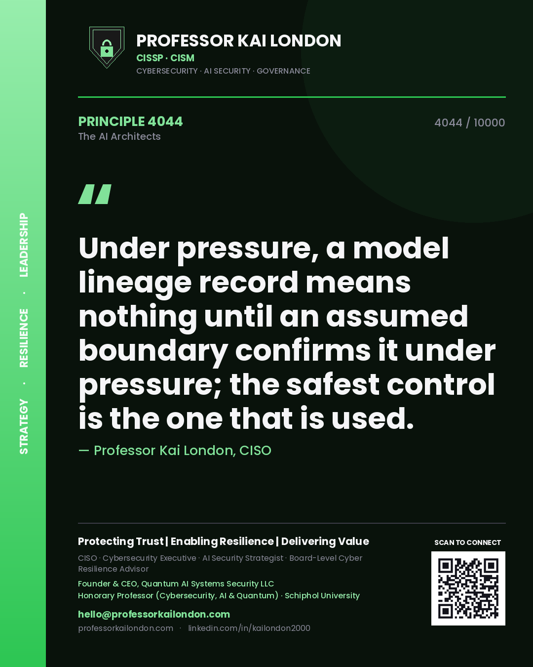 Quote card by Professor Kai London reading 'Under pressure, a model lineage record means nothing until an assumed boundary confirms it under pressure; the safest control is the one that is used.'. From the book The AI Architects.