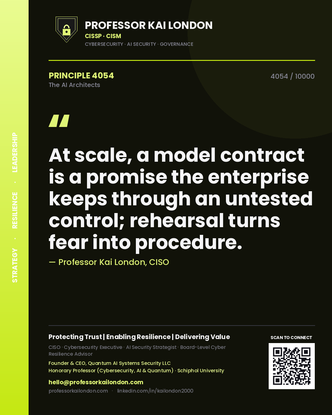 Quote card by Professor Kai London reading 'At scale, a model contract is a promise the enterprise keeps through an untested control; rehearsal turns fear into procedure.'. From the book The AI Architects.