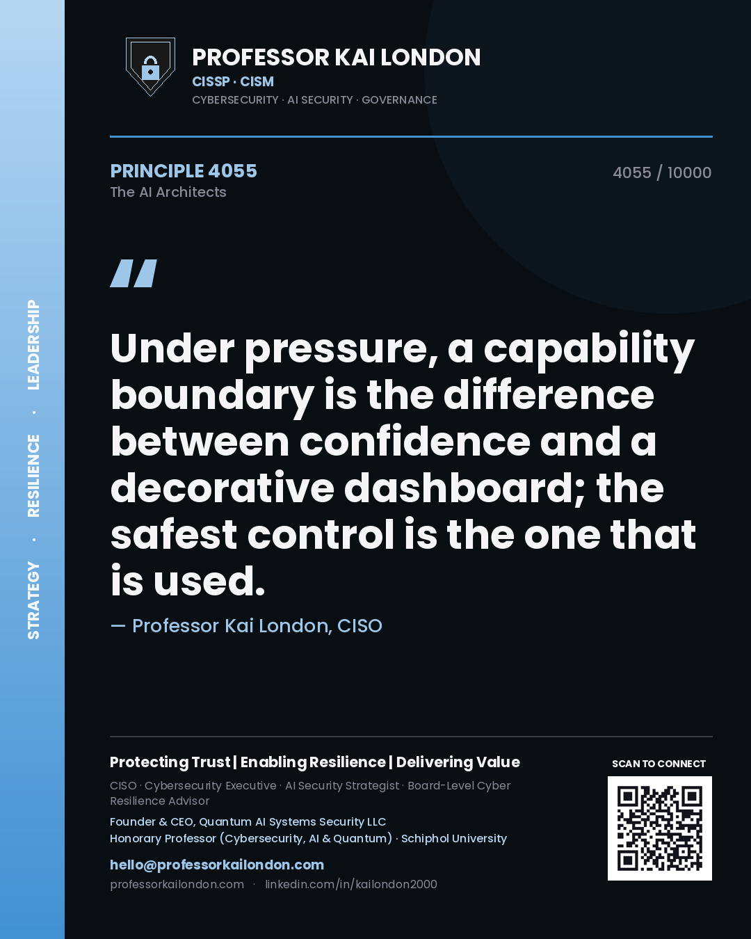 Quote card by Professor Kai London reading 'Under pressure, a capability boundary is the difference between confidence and a decorative dashboard; the safest control is the one that is used.'. From the book The AI Architects.