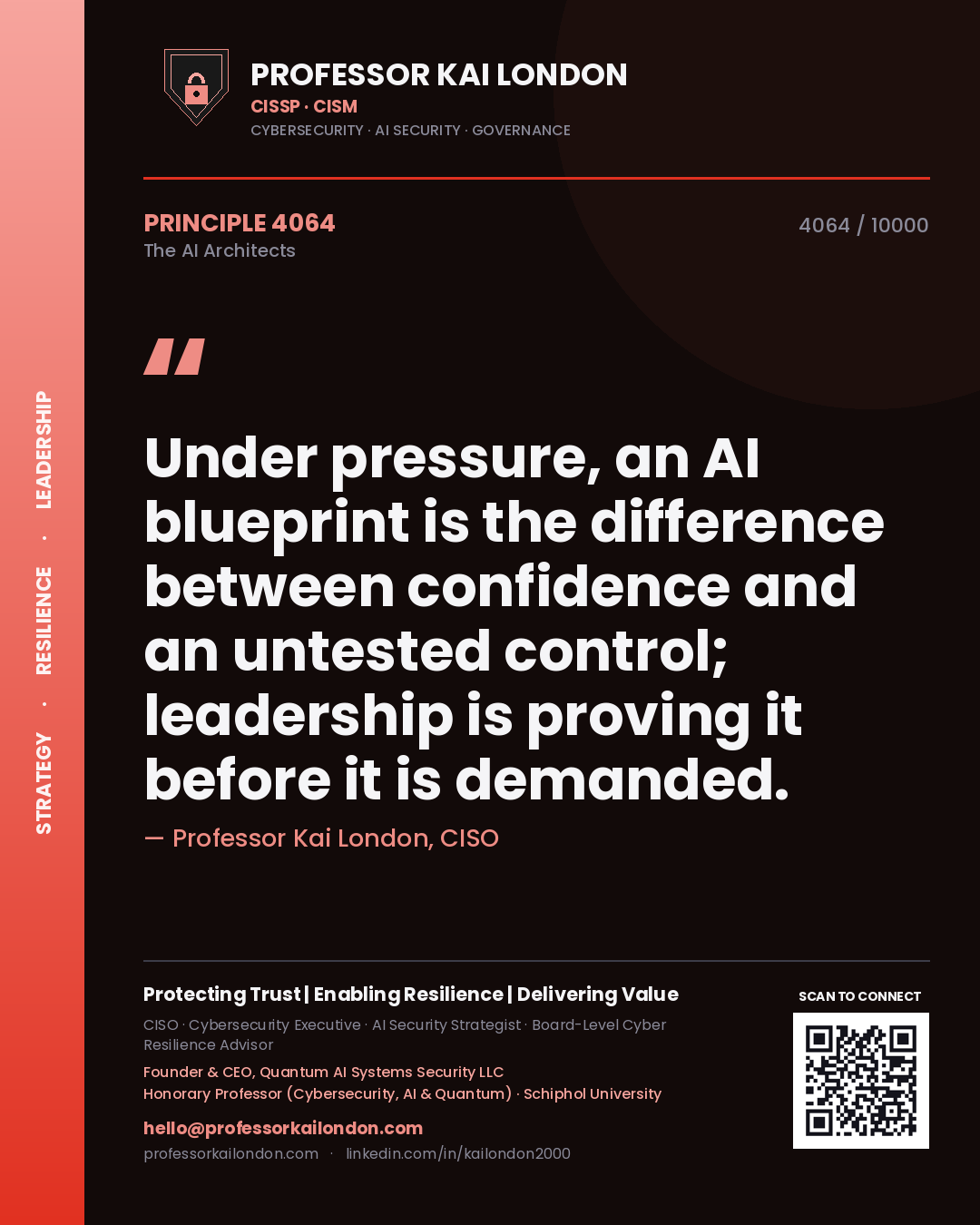 Quote card by Professor Kai London reading 'Under pressure, an AI blueprint is the difference between confidence and an untested control; leadership is proving it before it is demanded.'. From the book The AI Architects.