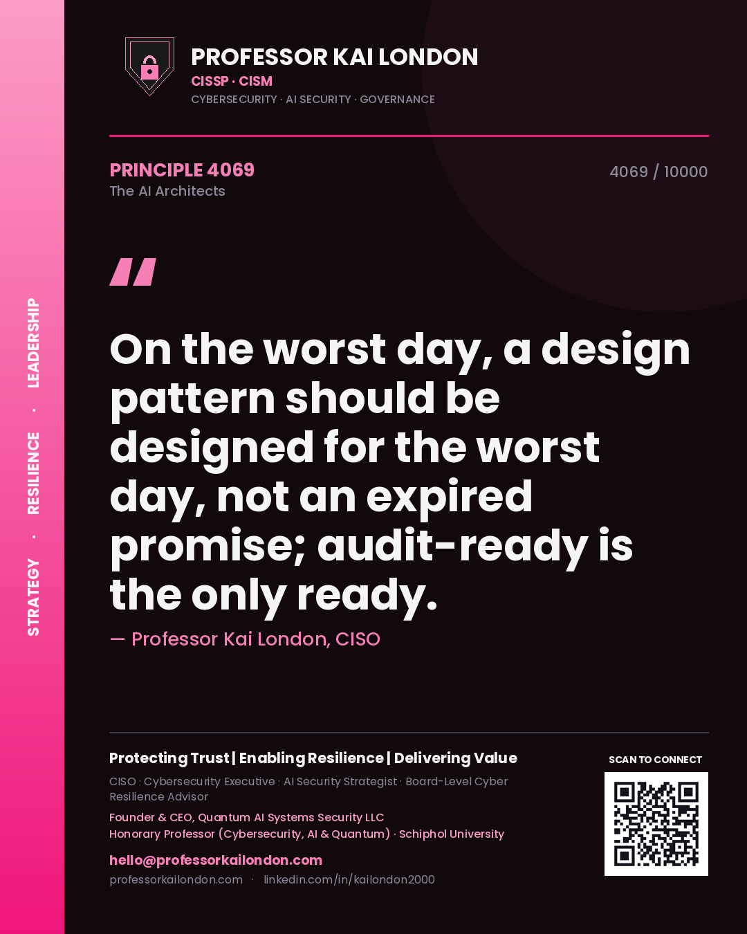 Quote card by Professor Kai London reading 'On the worst day, a design pattern should be designed for the worst day, not an expired promise; audit-ready is the only ready.'. From the book The AI Architects.