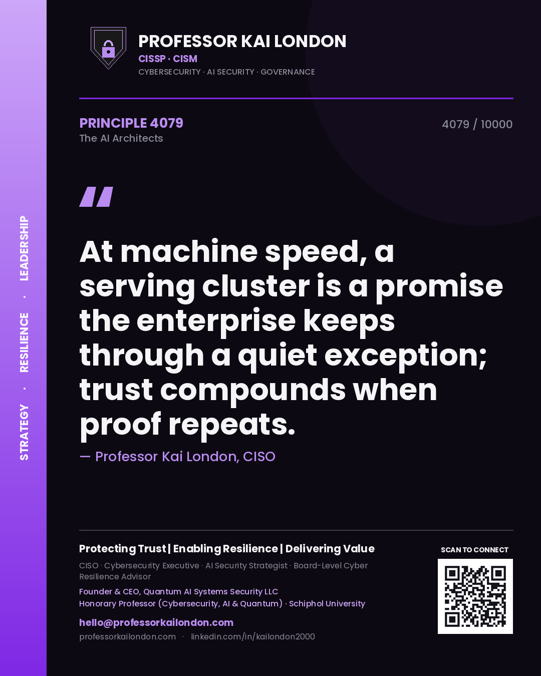 Quote card by Professor Kai London reading 'At machine speed, a serving cluster is a promise the enterprise keeps through a quiet exception; trust compounds when proof repeats.'. From the book The AI Architects.