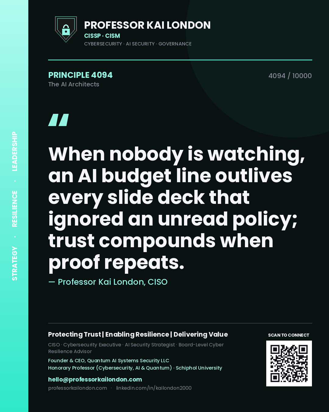 Quote card by Professor Kai London reading 'When nobody is watching, an AI budget line outlives every slide deck that ignored an unread policy; trust compounds when proof repeats.'. From the book The AI Architects.