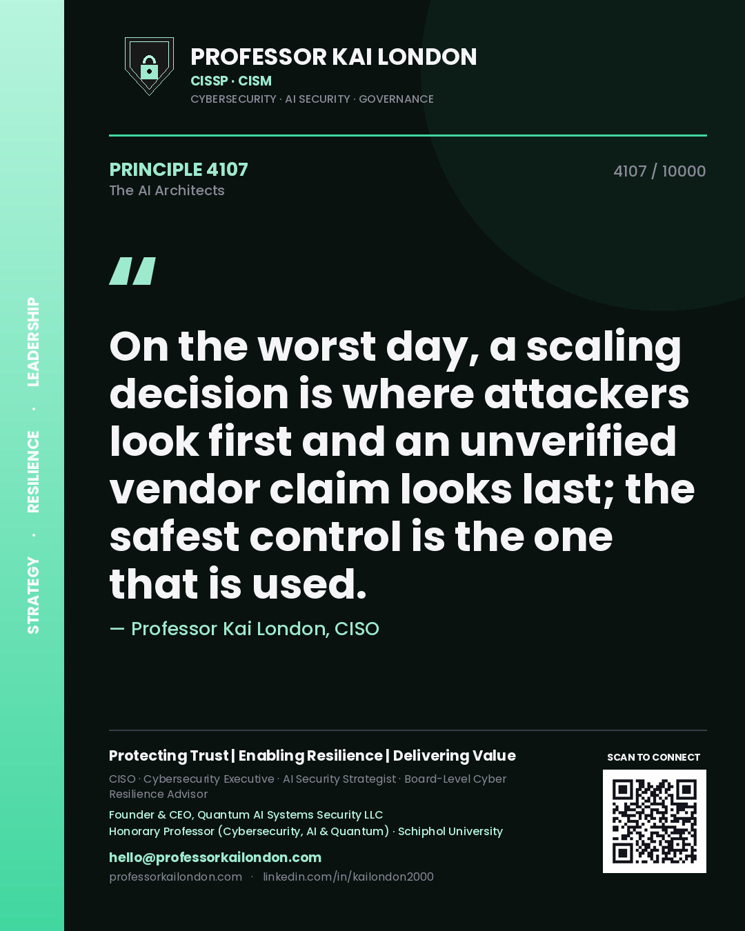 Quote card by Professor Kai London reading 'On the worst day, a scaling decision is where attackers look first and an unverified vendor claim looks last; the safest control is the one that is used.'. From the book The AI Architects.