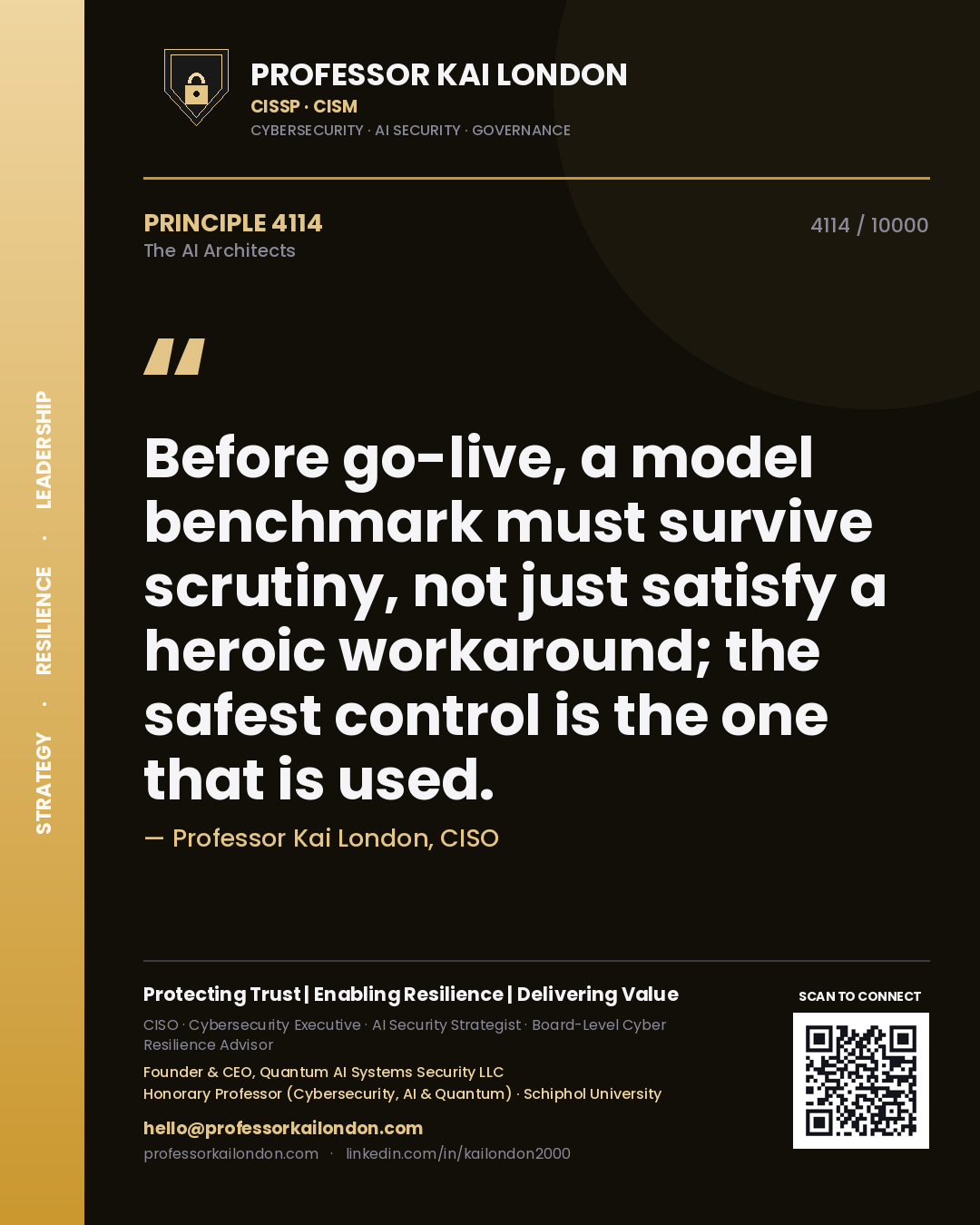 Quote card by Professor Kai London reading 'Before go-live, a model benchmark must survive scrutiny, not just satisfy a heroic workaround; the safest control is the one that is used.'. From the book The AI Architects.