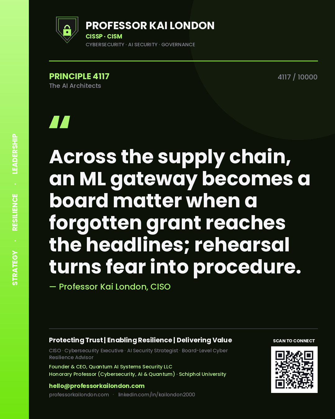 Quote card by Professor Kai London reading 'Across the supply chain, an ML gateway becomes a board matter when a forgotten grant reaches the headlines; rehearsal turns fear into procedure.'. From the book The AI Architects.