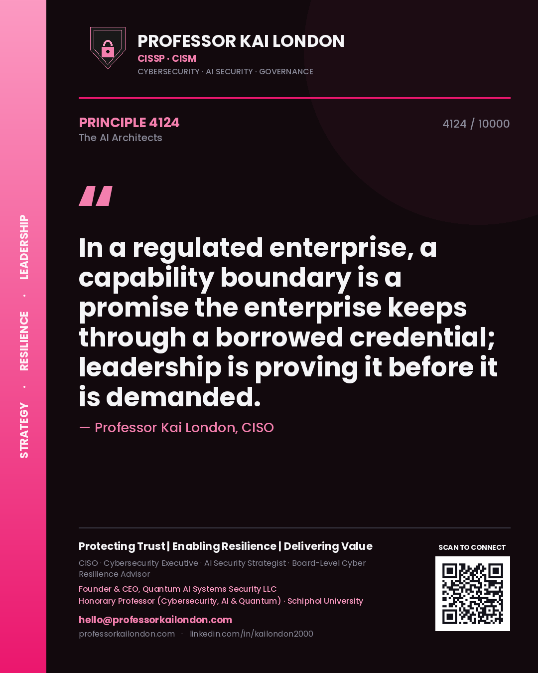 Quote card by Professor Kai London reading 'In a regulated enterprise, a capability boundary is a promise the enterprise keeps through a borrowed credential; leadership is proving it before it is demanded.'. From the book The AI Architects.
