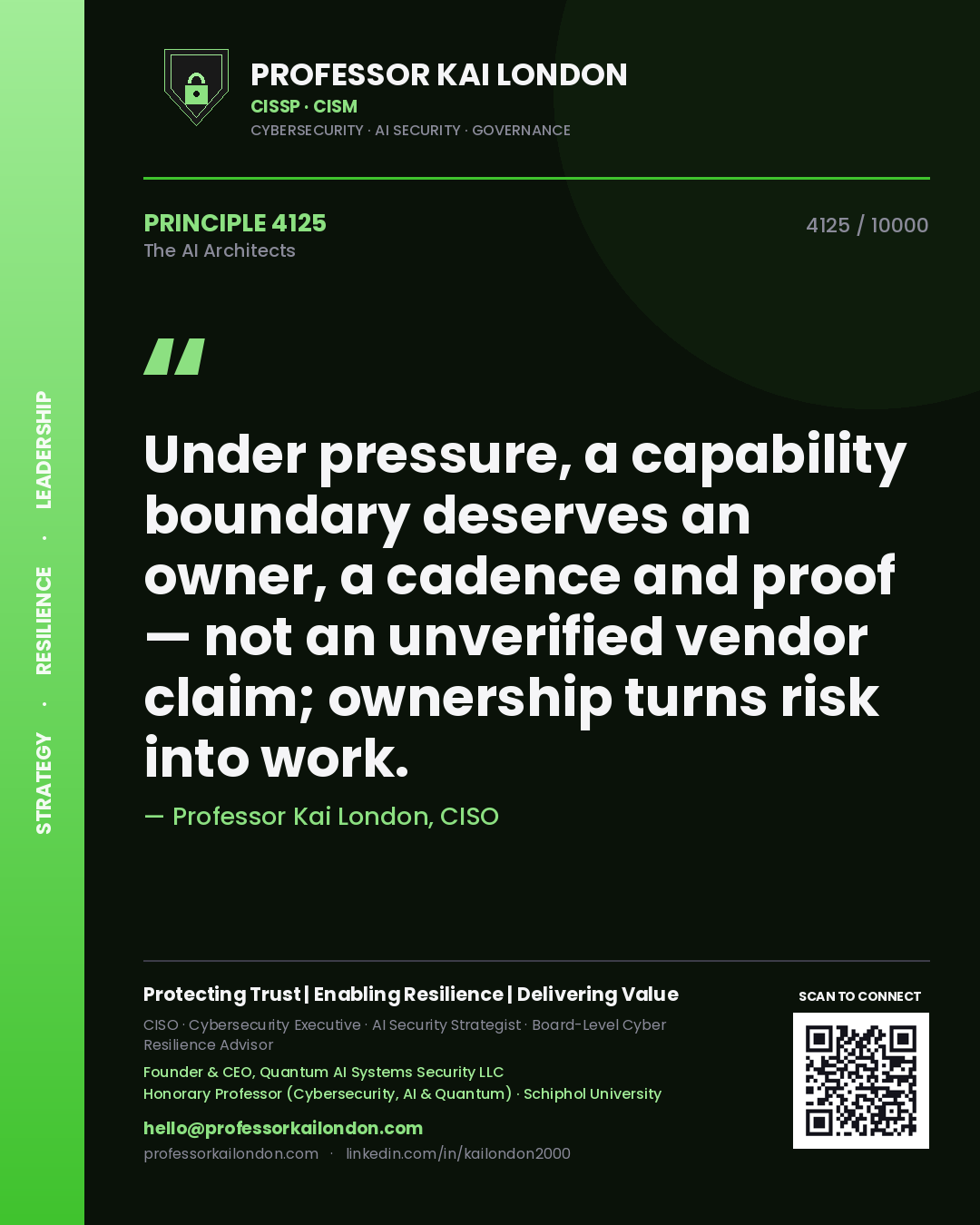 Quote card by Professor Kai London reading 'Under pressure, a capability boundary deserves an owner, a cadence and proof — not an unverified vendor claim; ownership turns risk into work.'. From the book The AI Architects.