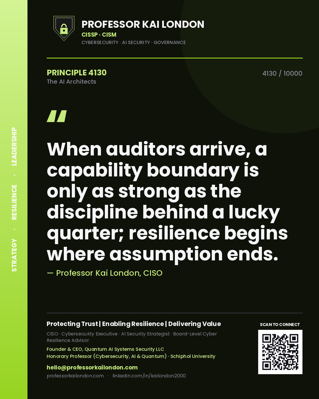 Quote card by Professor Kai London reading 'When auditors arrive, a capability boundary is only as strong as the discipline behind a lucky quarter; resilience begins where assumption ends.'. From the book The AI Architects.