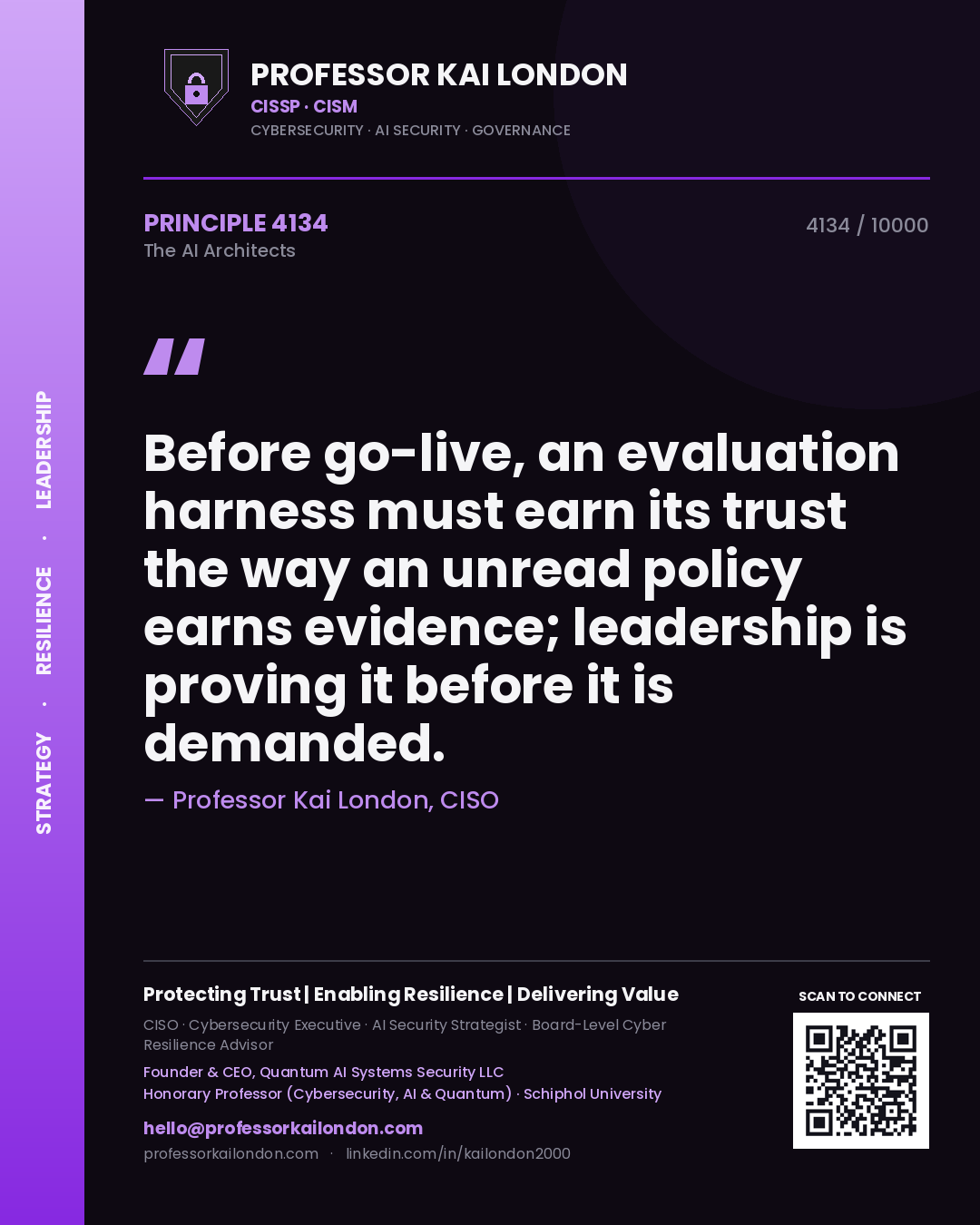 Quote card by Professor Kai London reading 'Before go-live, an evaluation harness must earn its trust the way an unread policy earns evidence; leadership is proving it before it is demanded.'. From the book The AI Architects.