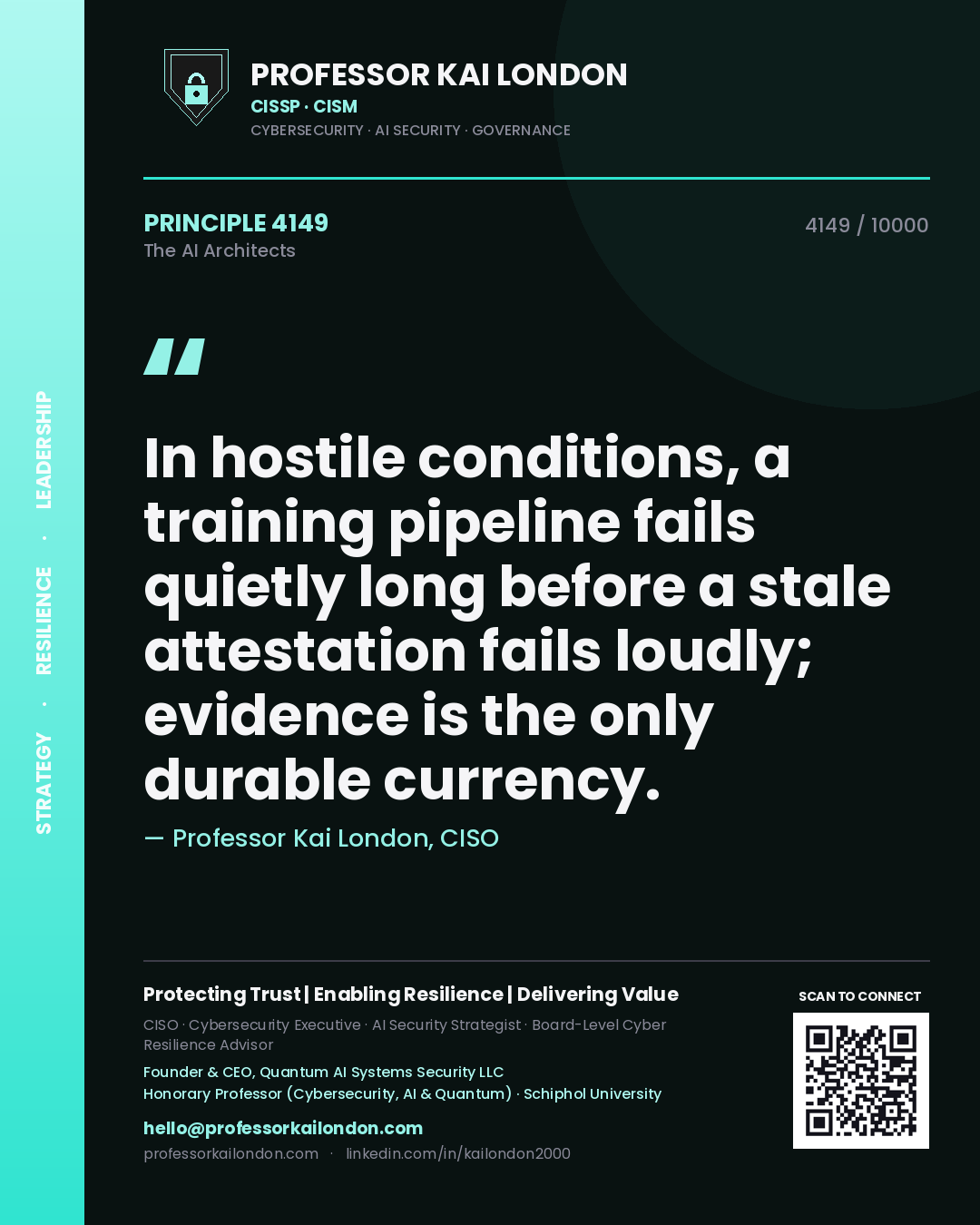 Quote card by Professor Kai London reading 'In hostile conditions, a training pipeline fails quietly long before a stale attestation fails loudly; evidence is the only durable currency.'. From the book The AI Architects.