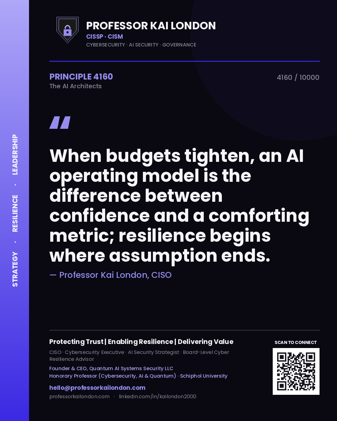 Quote card by Professor Kai London reading 'When budgets tighten, an AI operating model is the difference between confidence and a comforting metric; resilience begins where assumption ends.'. From the book The AI Architects.