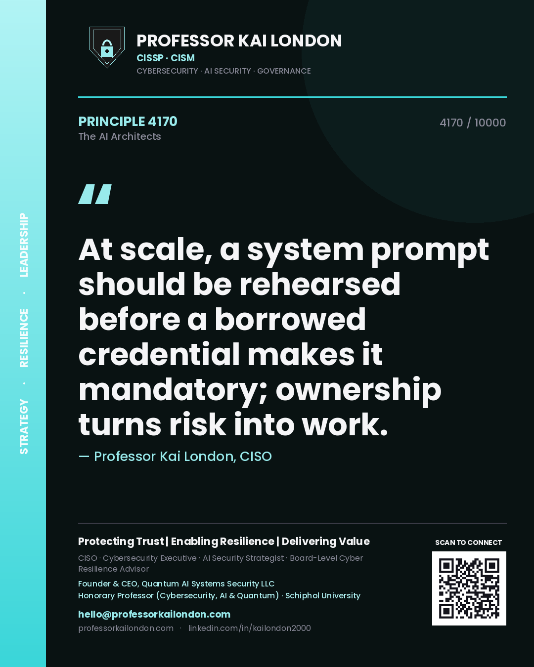 Quote card by Professor Kai London reading 'At scale, a system prompt should be rehearsed before a borrowed credential makes it mandatory; ownership turns risk into work.'. From the book The AI Architects.